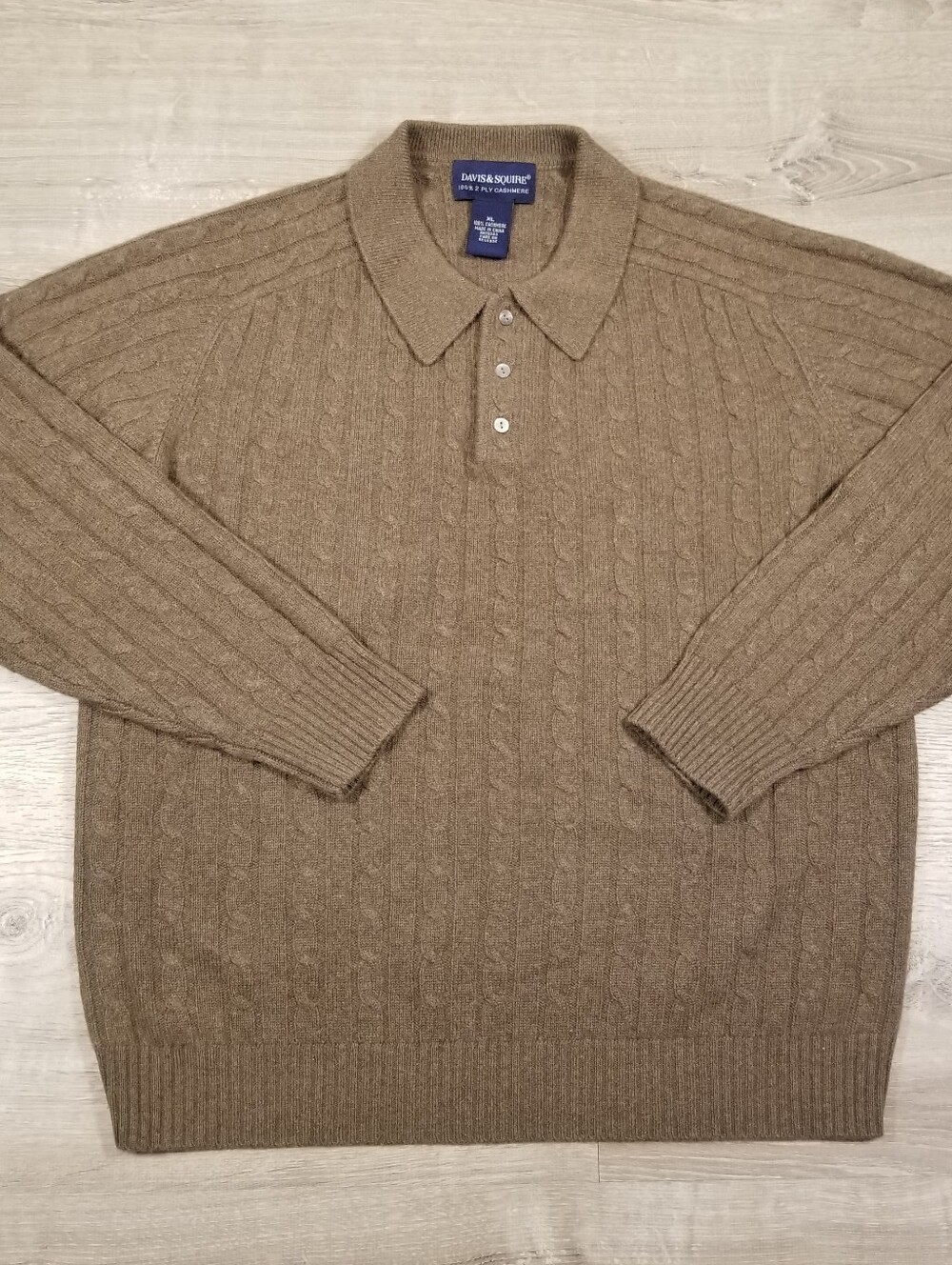 VTG Davis & Squire 2-Ply 100% Cashmere Sweater Polo Mens XL Brown Cable Knit